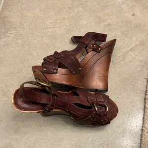 Frye Brown Leather Wedge Sandals